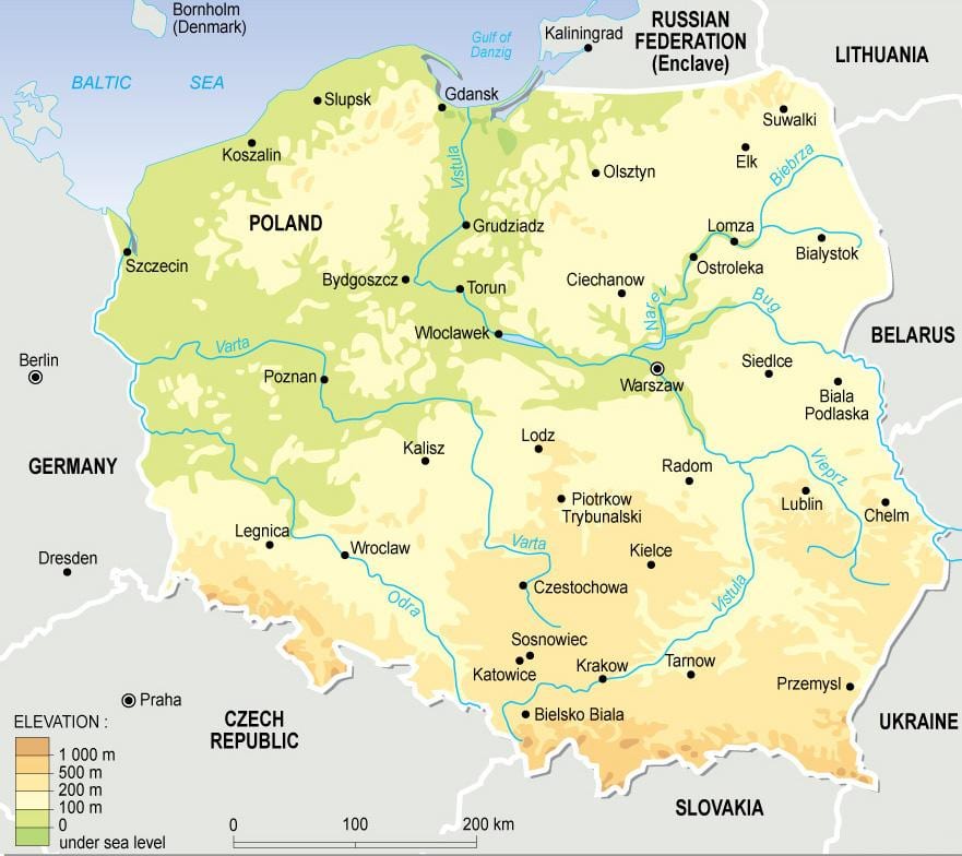 mapa topográfico da Polónia