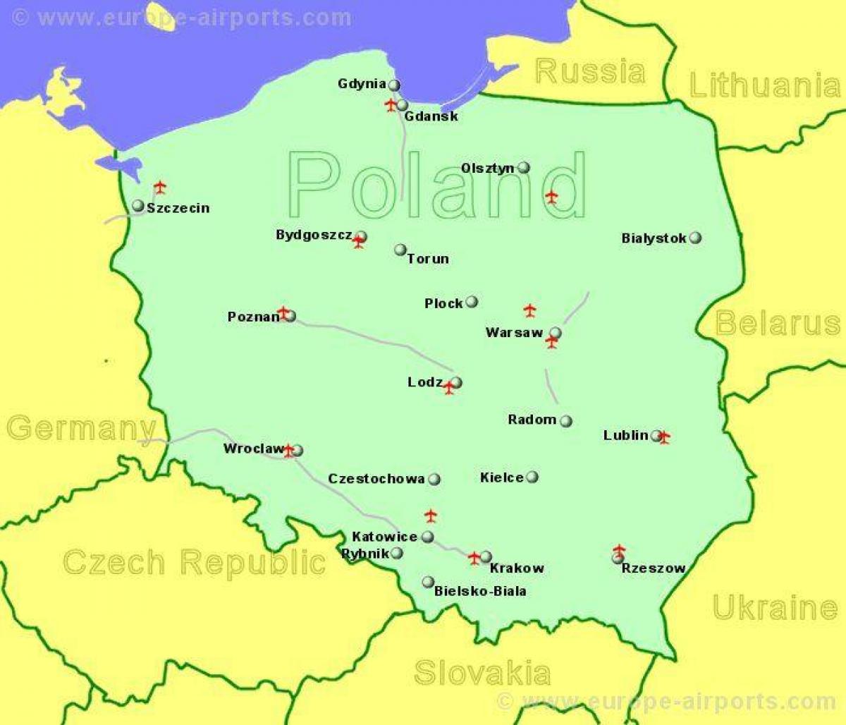 mapa da Polônia mostrando aeroportos